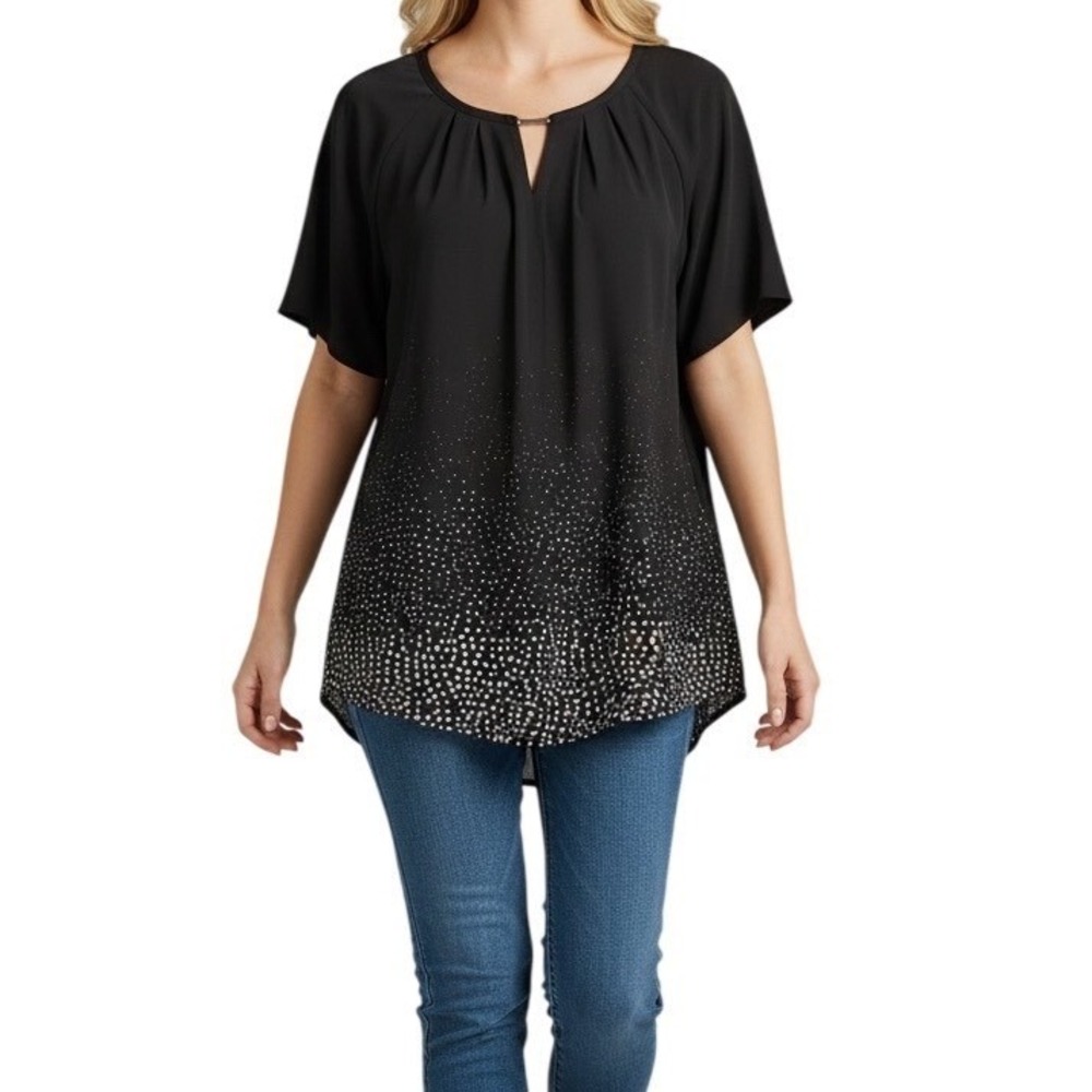 Apt. 9 Womens Black White‎ Dot Gradient Blouse Petite Large Gold Bar Neck Top